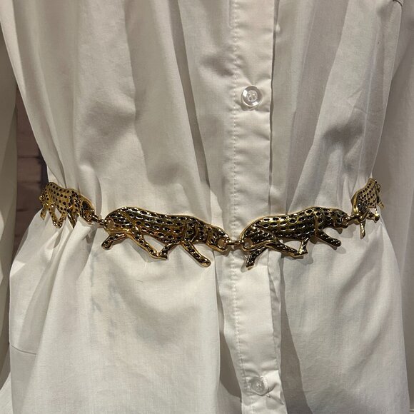 Gold-Tone Metal Chain Belt with Wild Cat/Cheetah Motifs main image 5